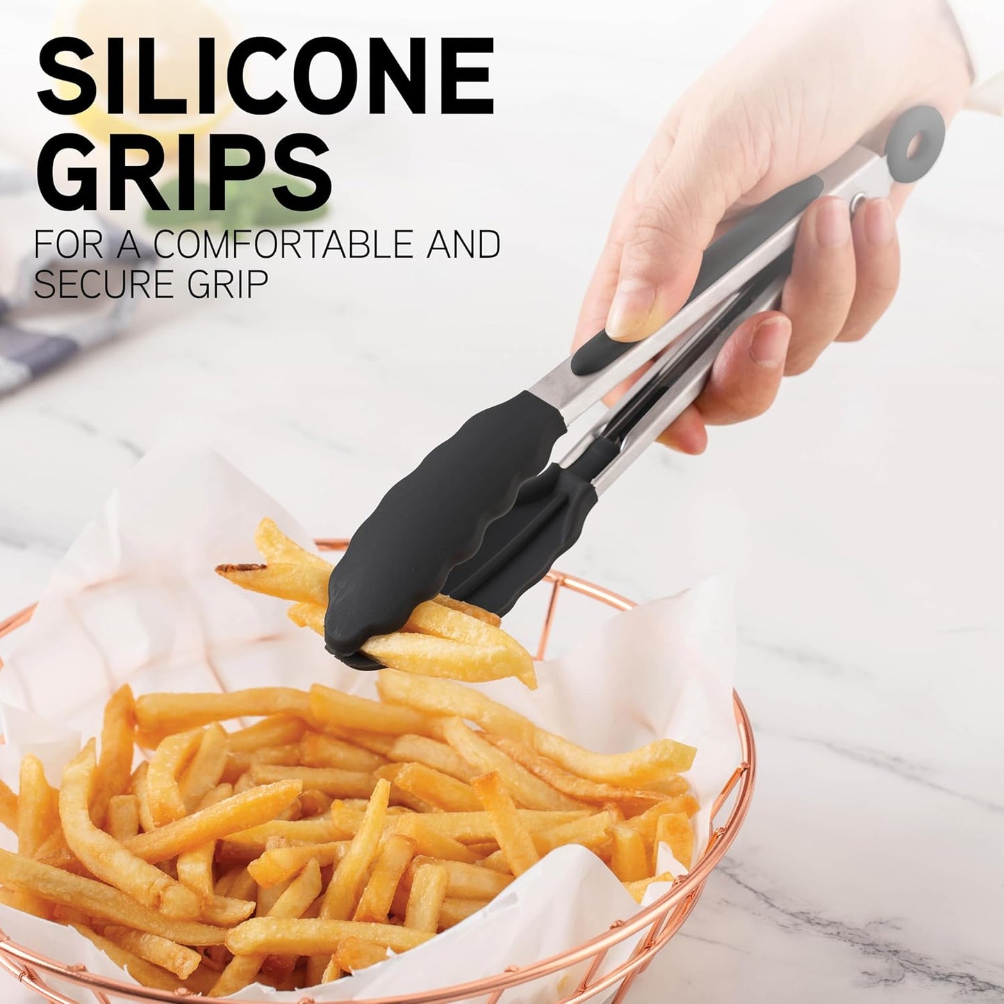 COOK WITH COLOR Stainless Steel Silicone Tipped Kitchen & BBQ Tongs Set, 3 Pc Utensils, Grey