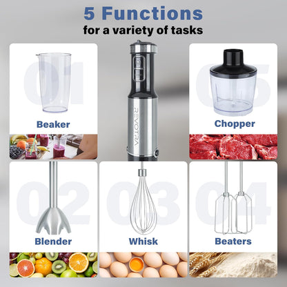 Immersion Blender Handheld, 5 in 1 Hand Blender, 12 Speed Stainless Seel Immersion Blender, Whisk, Chopper, Beaker, Beaters, Christmas Gift, New Year Gift