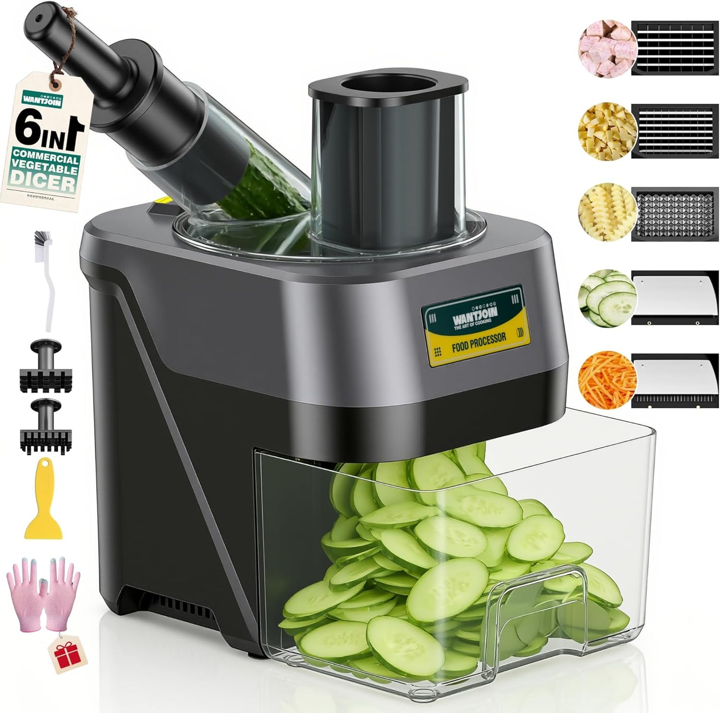 WantJoin 5 in 1 Electric Vegetable Chopper - Multifunctional Commercial Vegetable Dicer Food Fruit Processor Stainless Steel Blades for Slicing(2.5mm), Dicing(8/12mm), Chopping(2.5mm),Shredding
