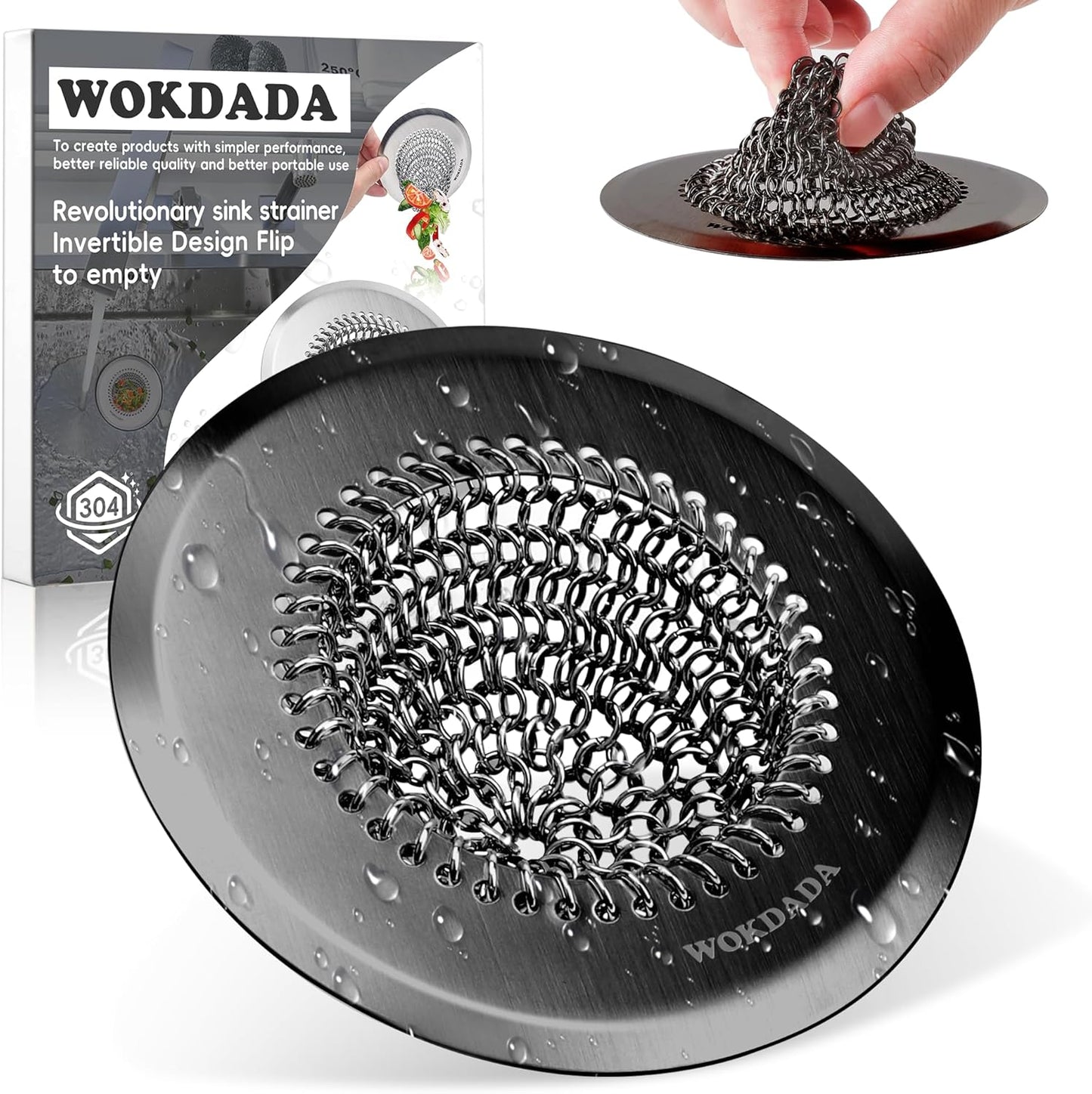Revolutionary Kitchen Sink Drain Strainer/Patented Reversible Chain Mesh, Effortless Cleaning & Debris Catcher, Large Capacity, Anti-Clog, 304 Stainless Steel & Rust-Proof/Handmade