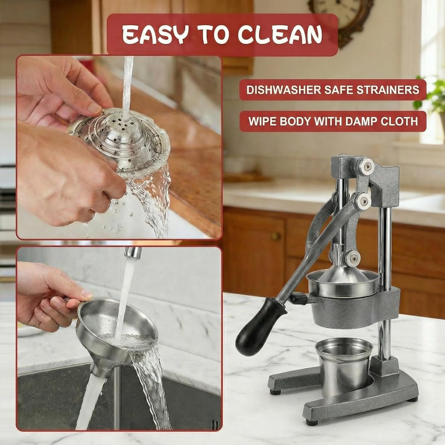 Cast Iron Citrus Juicer Hand Press, Heavy Duty Manual Orange Juicer Squeezer with 304 Stainless Steel Cup & Strainer, Lemon Grapefruit Pomegranate Press, Grey
