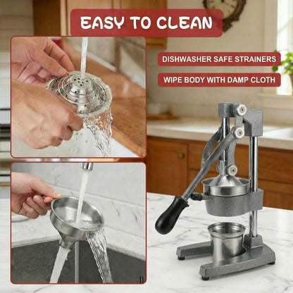 Cast Iron Citrus Juicer Hand Press, Heavy Duty Manual Orange Juicer Squeezer with 304 Stainless Steel Cup & Strainer, Lemon Grapefruit Pomegranate Press, Grey