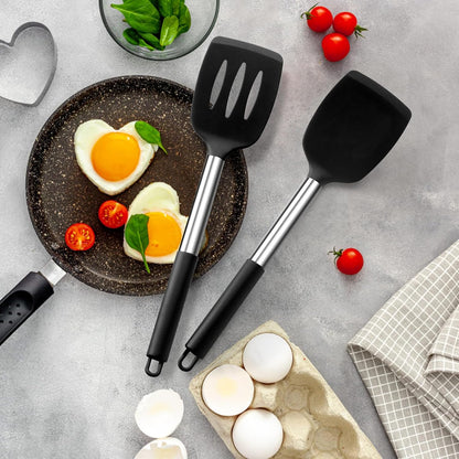 E-far Cooking Utensils Set of 4, Silicone Kitchen Utensils for Non-stick Cookware, Heat Resistant & Non-toxic Slotted Spatula Solid Spoon Turner for Flipping Mixing Serving Basting(Black)