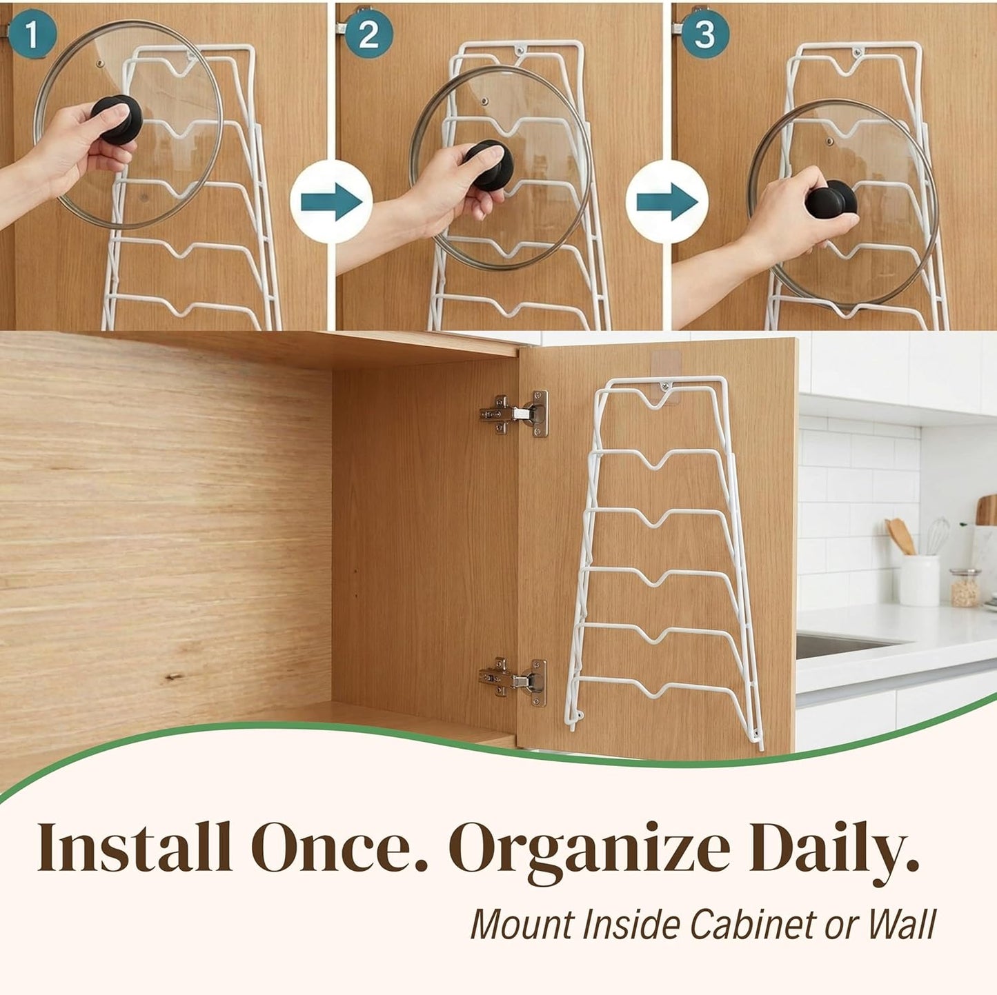 Evelots 6 Pot Lid Organizer for Cabinet Door or Pantry Wall - Closet Door Pots and Pans Lids Holder - Glass or Metal Pan Covers Cabinet Organizer Kitchen Storage - White 6 Tier Lid Rack