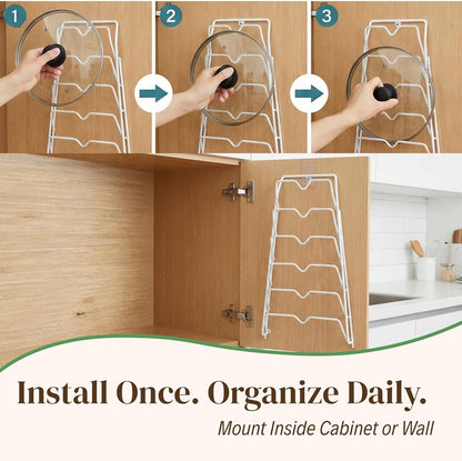 Evelots 6 Pot Lid Organizer for Cabinet Door or Pantry Wall - Closet Door Pots and Pans Lids Holder - Glass or Metal Pan Covers Cabinet Organizer Kitchen Storage - White 6 Tier Lid Rack