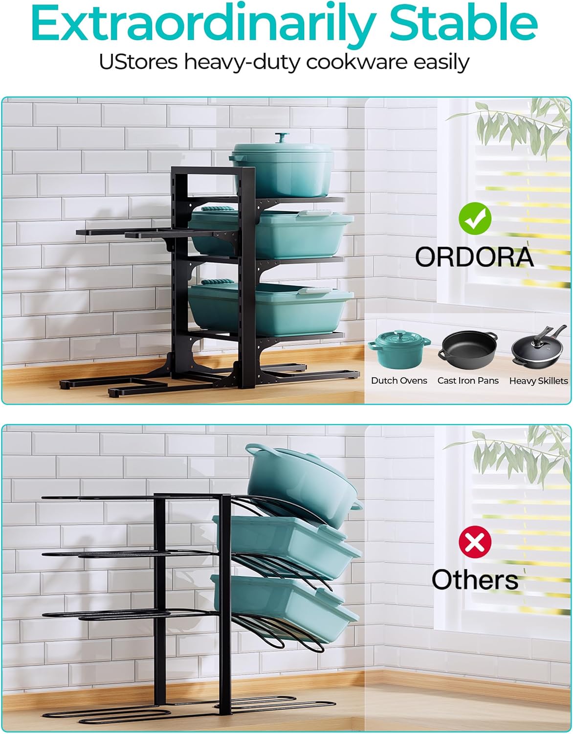 ORDORA Pots and Pans Organizer for Cabinet 16.61 Height, 8 Tier Pot Organizers Rack with 3 DIY Methods, Adjustable Pan Organizer under Cabinet Kitchen Organization and Storage