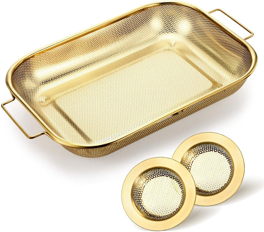 3 Pcs Gold over the Sink Colander and Strainer for Kitchen, Sink Strainer Basket, Collapsible Basket for Kitchen, Fruit Pasta Food Expandable Plastic Colander with Drain Stainless Steel