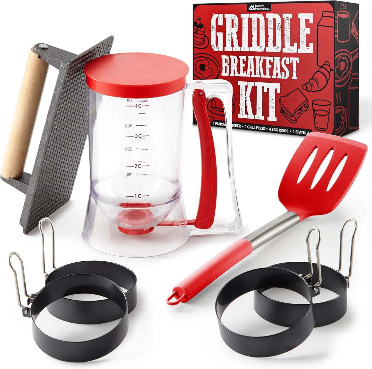 Modern Innovations Griddle Breakfast Kit Accessories - Pancake Batter Dispenser for Griddle, Cast Iron Grill Press for Bacon, 4 Egg Rings/Pancake Molds and Spatula, Compatible With Blackstone Griddles