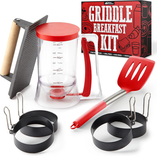 Modern Innovations Griddle Breakfast Kit Accessories - Pancake Batter Dispenser for Griddle, Cast Iron Grill Press for Bacon, 4 Egg Rings/Pancake Molds and Spatula, Compatible With Blackstone Griddles