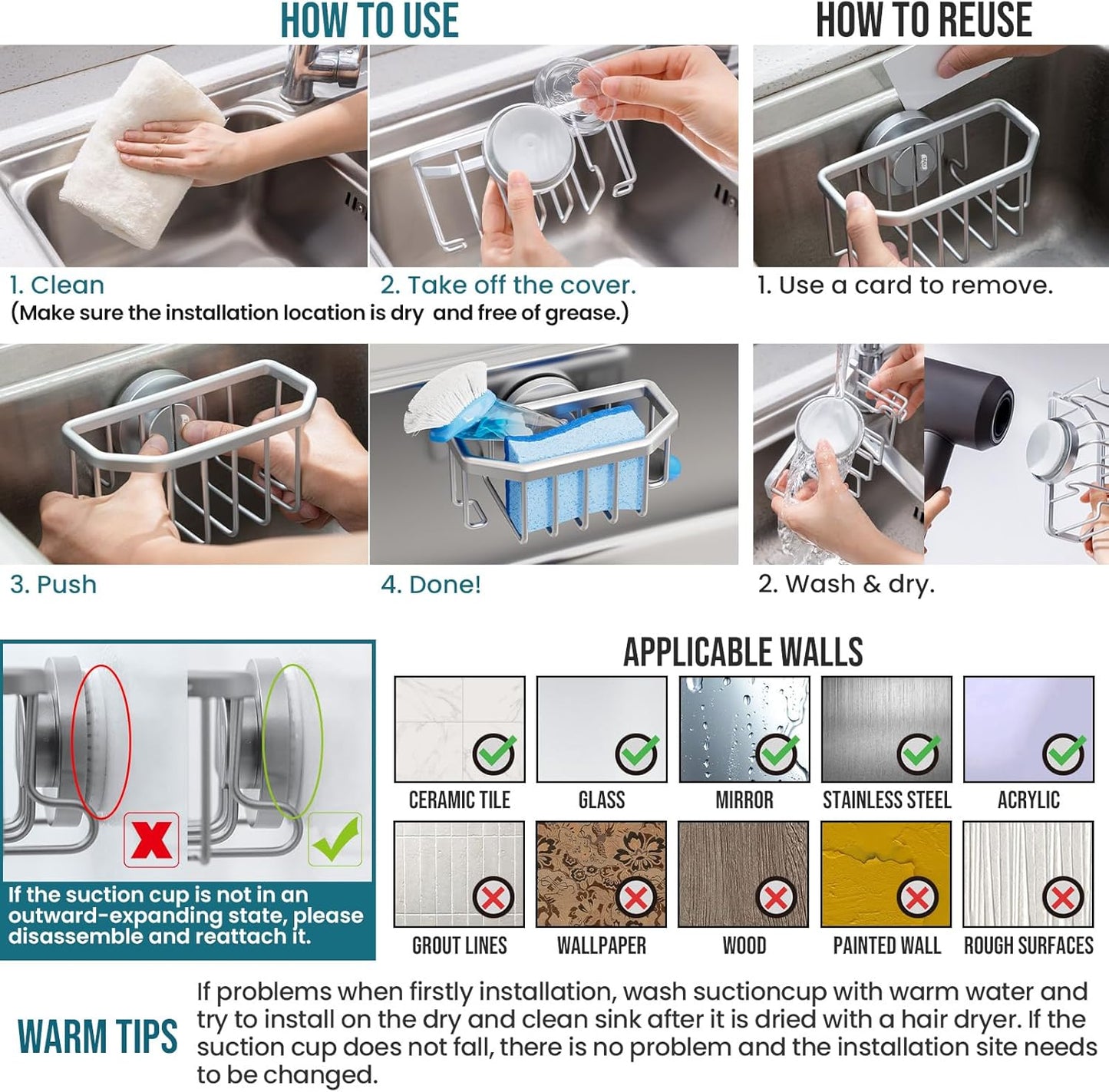 TAILI 4-in-1 Sink Caddy with Strong Suction Cup, Sponge Holder for Kitchen Sink Organizer, Removable, Rustproof, Stainless Steel Holder for Sponge, Brush, Scrubber, Scraper - Silver