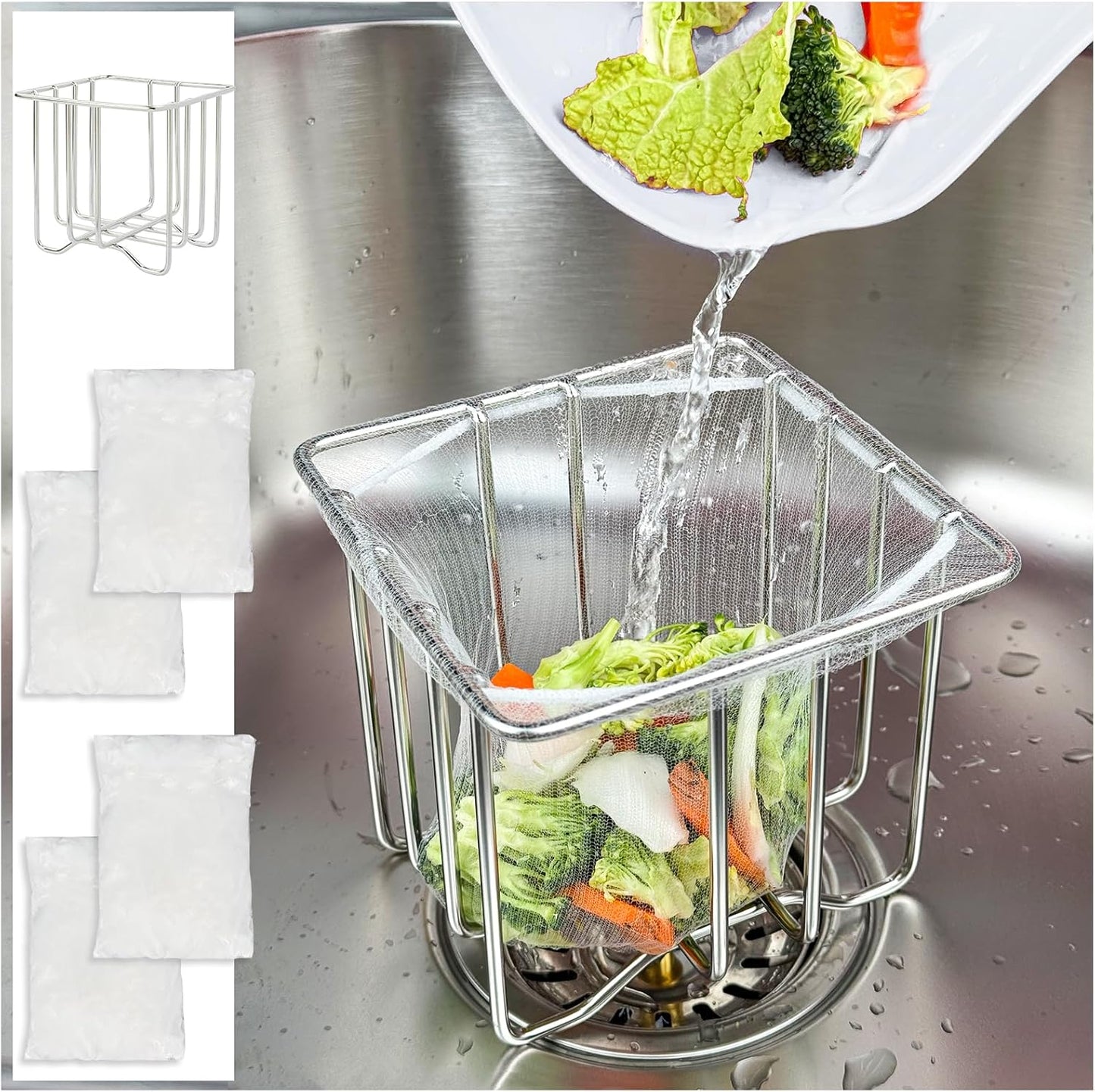 Kitchen Sink Strainer with Sink Basket Holder and 200 Strainer Net Bags,Food Catcher with Drain Filter Mesh Bag,Meshmate Waste Rack Trash Catcher for Leftovers.