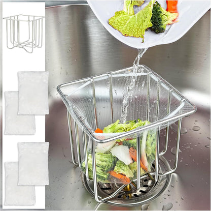 Kitchen Sink Strainer with Sink Basket Holder and 200 Strainer Net Bags,Food Catcher with Drain Filter Mesh Bag,Meshmate Waste Rack Trash Catcher for Leftovers.
