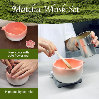 10 Sets Matcha with Whisk, Matcha Bowl with Whisk Holder and Spoon Rest All In One Bag, Sakura pink and Green, Perfect for Enthusiasts, Gift-giving