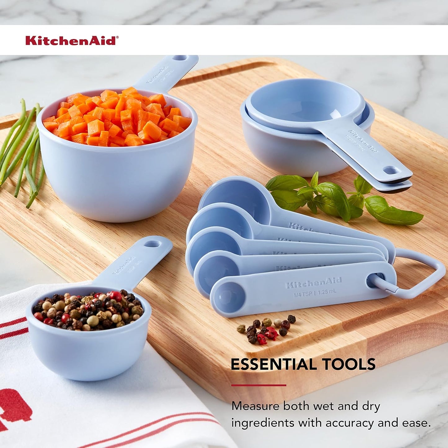 KitchenAid Universal Easy To Read Measuring Cup and Spoon Set with Soft Grip Handle for Maximum Control, Hang Hole and Nesting For Easy Storage, Dishwasher Safe, 9 Piece, Pistachio