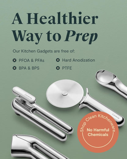 Caraway Kitchen Gadget Set - 5 Piece Kitchen Essentials - Stainless Steel - Includes Can Opener, Pizza Cutter, Garlic Press, Ice Cream Scoop, Vegetable Peeler, and Storage Organizer