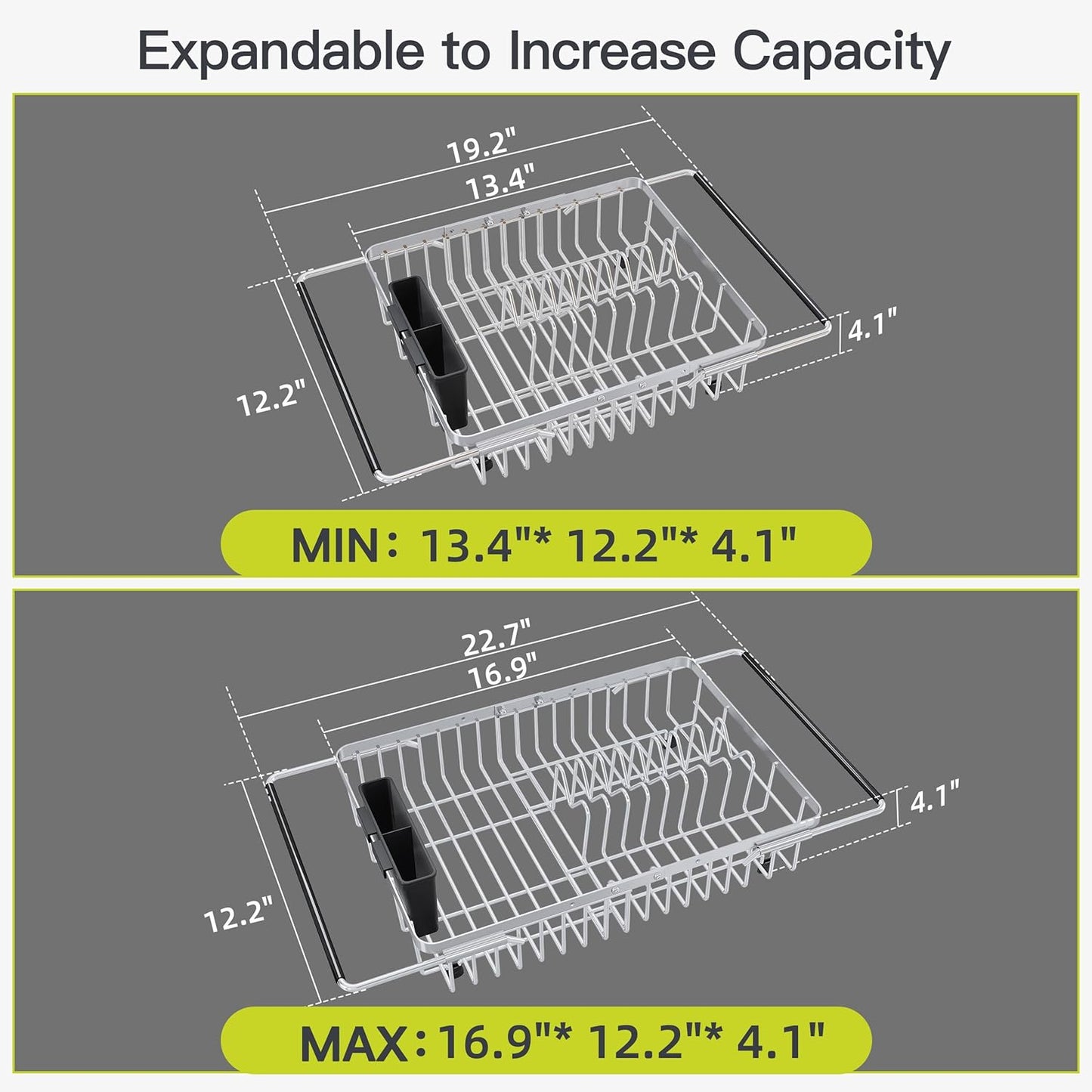 JASIWAY Roll Up Dish Drying Rack, Expandable (12.8"-23.8" D x 12.8" W) Stainless Steel Portable Drainer for Kitchen Sink Counter, Foldable Over The Sink Cover with Removable Utensil Holder