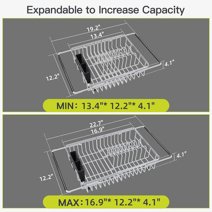 JASIWAY Roll Up Dish Drying Rack, Expandable (12.8"-23.8" D x 12.8" W) Stainless Steel Portable Drainer for Kitchen Sink Counter, Foldable Over The Sink Cover with Removable Utensil Holder