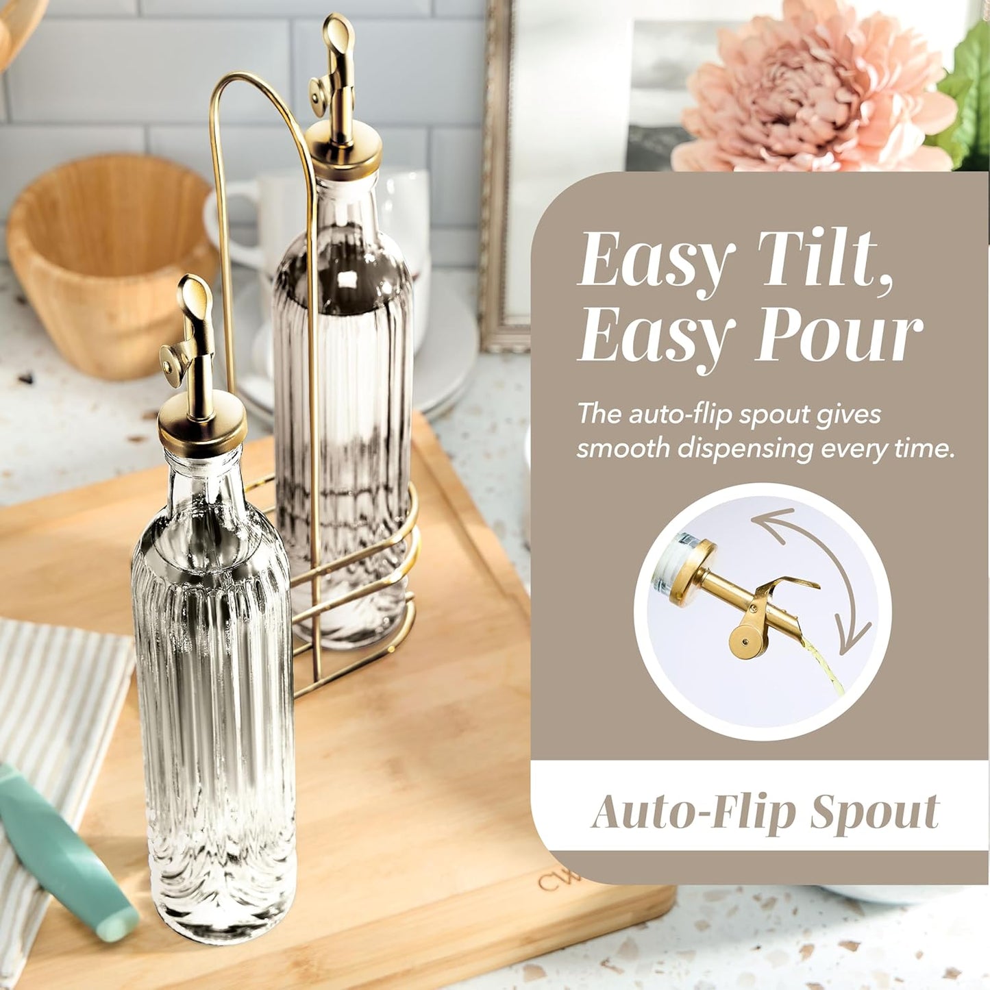 COOK WITH COLOR Glass Olive Oil Bottle Dispenser - 2 Pack- 17oz Oil and Vinegar Cruet - Olive Oil Carafe Decanter for Kitchen, Elegant Waves, Clear