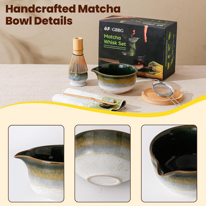 Matcha Whisk Set, Ceramic Matcha Kit Desert Style, Matcha Whisk and Bowl, Bamboo Scoop and Rest, Sifter and Tea Towel, 7 Pcs Gifts for Matcha Lover - Matte Black