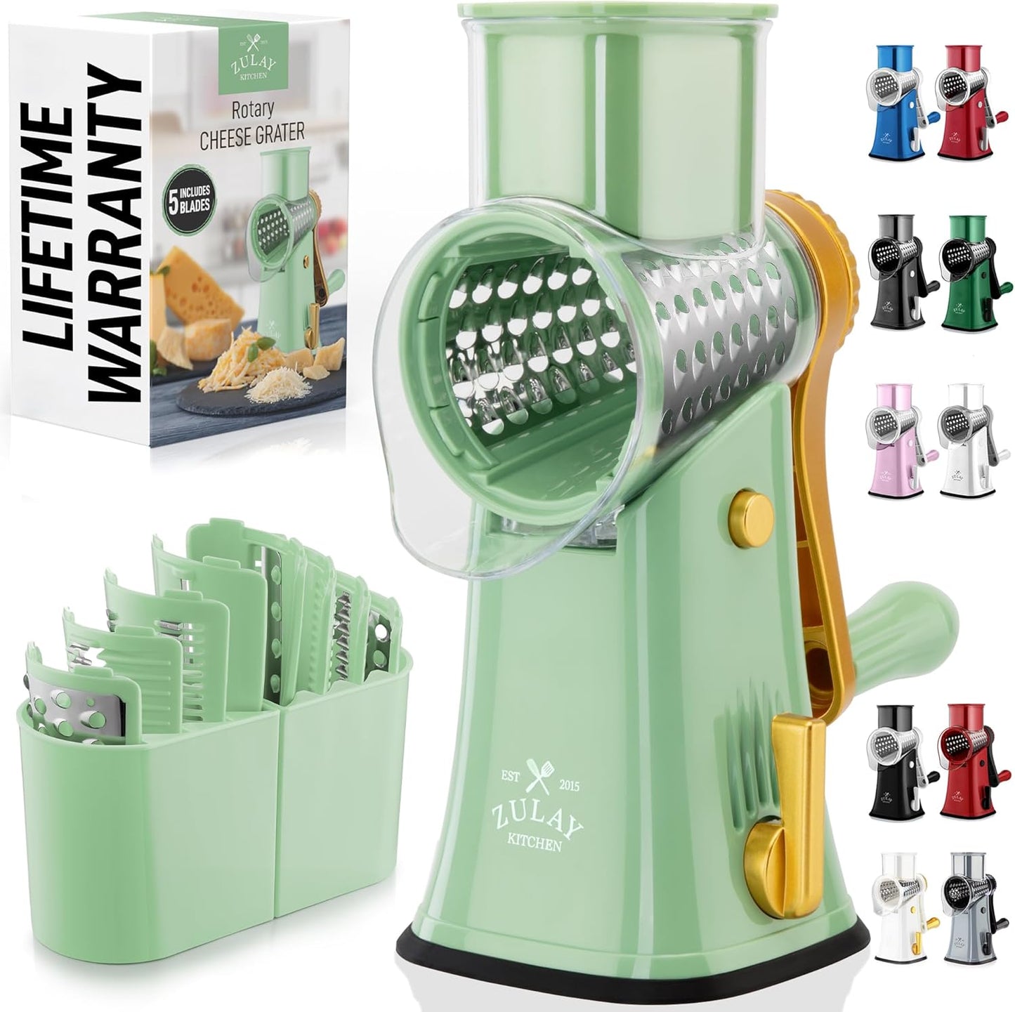 Zulay Kitchen Rotary Cheese Grater 5 Blade Cheese Shredder - Manual Hand Crank Cheese Grater With Reinforced Suction & 5 Interchangeable Drums - Easy to Use, Vegetable Chopper Round Mandoline Slicer - Colors A