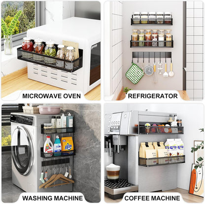 Aufworld Magnetic Spice Rack for Refrigerator, 2 Pack Magnetic Shelf, Fridge Magnet Organizer with Moveable 4 Hooks, Magnetic Fridge Shelf for Kitchen Organization and Storage (2 Pack)