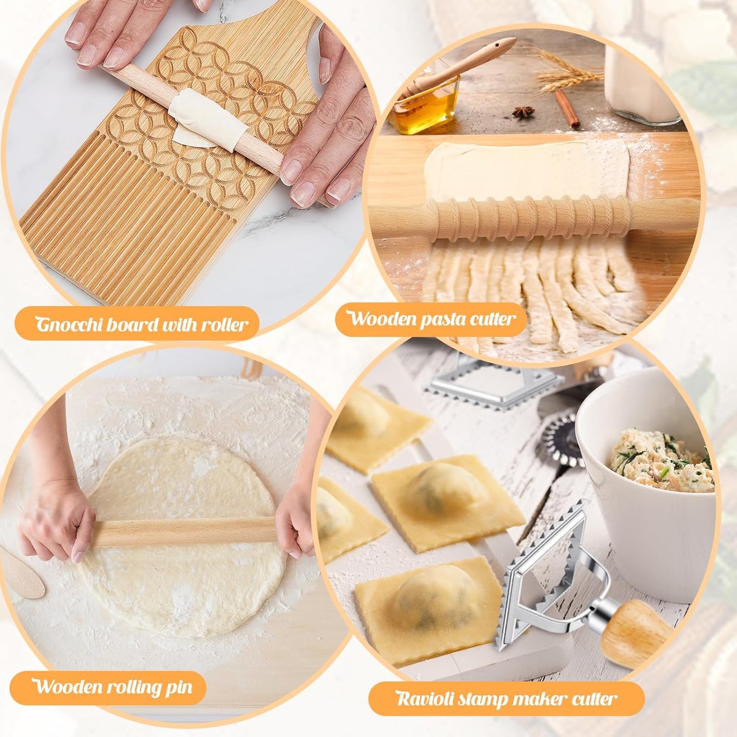 Tioncy 7 Pcs Pasta Making Tool Set Kitchen Gift, Wood Gnocchi Board with Ravioli Stamp Ravioli Maker Rolling Pin Gnocchi Garganelli Italian Pasta Tools for Beginners Home Cooks