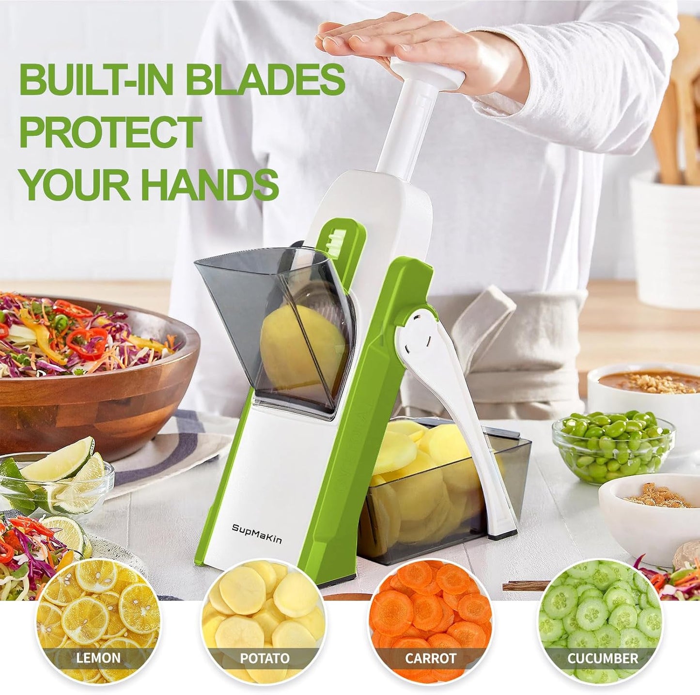 SupMaKin Upgrade Safe Mandoline Slicer,Multi Vegetable Chopper,Potato Slicer, Onion Chopper with Drain Basket Storage Container, Cheese Grater Kitchen Chopping Artifact (Black)