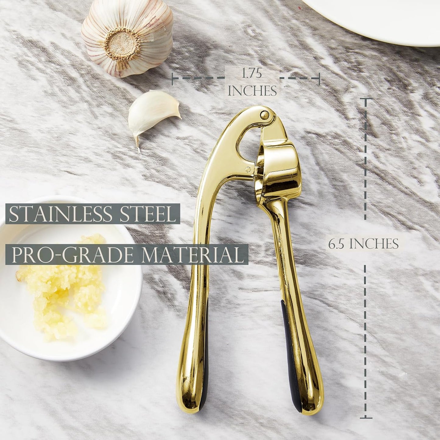 Kitessensu High Effective Premium Garlic Press Set, With Silicone Garlic Peeler & Brush, Heavy Duty Garlic Mincer, Easy to Squeeze and Clean, Rust Proof & Dishwasher Safe - Gold
