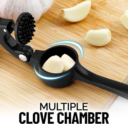Zulay Kitchen Premium Garlic Press Set - Rust Proof Professional Garlic Mincer Tool - Easy-Squeeze, Easy-Clean with Soft, Ergonomic Handle - Silicone Garlic Peeler & Brush (Silver)