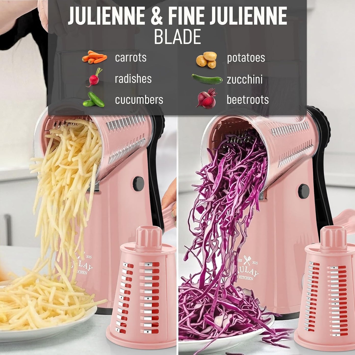 Zulay Kitchen Rotary Cheese Grater 5 Blade Cheese Shredder - Manual Hand Crank Cheese Grater With Reinforced Suction & 5 Interchangeable Drums - Easy to Use, Vegetable Chopper Round Mandoline Slicer - Colors B