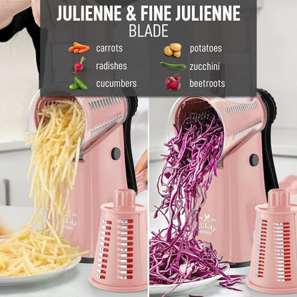 Zulay Kitchen Rotary Cheese Grater 5 Blade Cheese Shredder - Manual Hand Crank Cheese Grater With Reinforced Suction & 5 Interchangeable Drums - Easy to Use, Vegetable Chopper Round Mandoline Slicer - Colors B