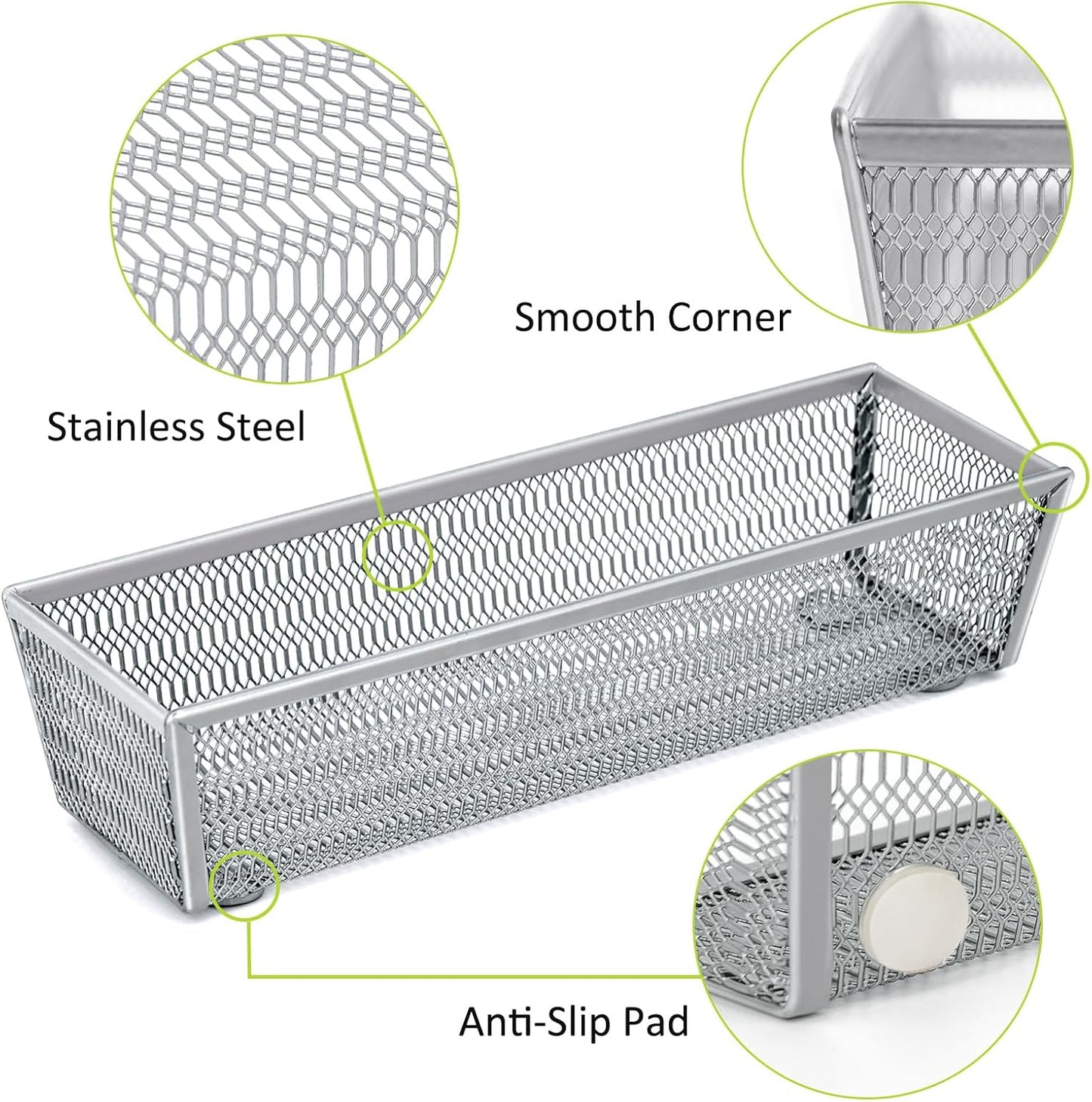Neudeco Silverware Drawer Organizer - 5 Compartment Cutlery Tray with Non-Slip Feet, Mesh Wire Flatware Storage Divider for Kitchen, Bedroom, Living Room (Silver)