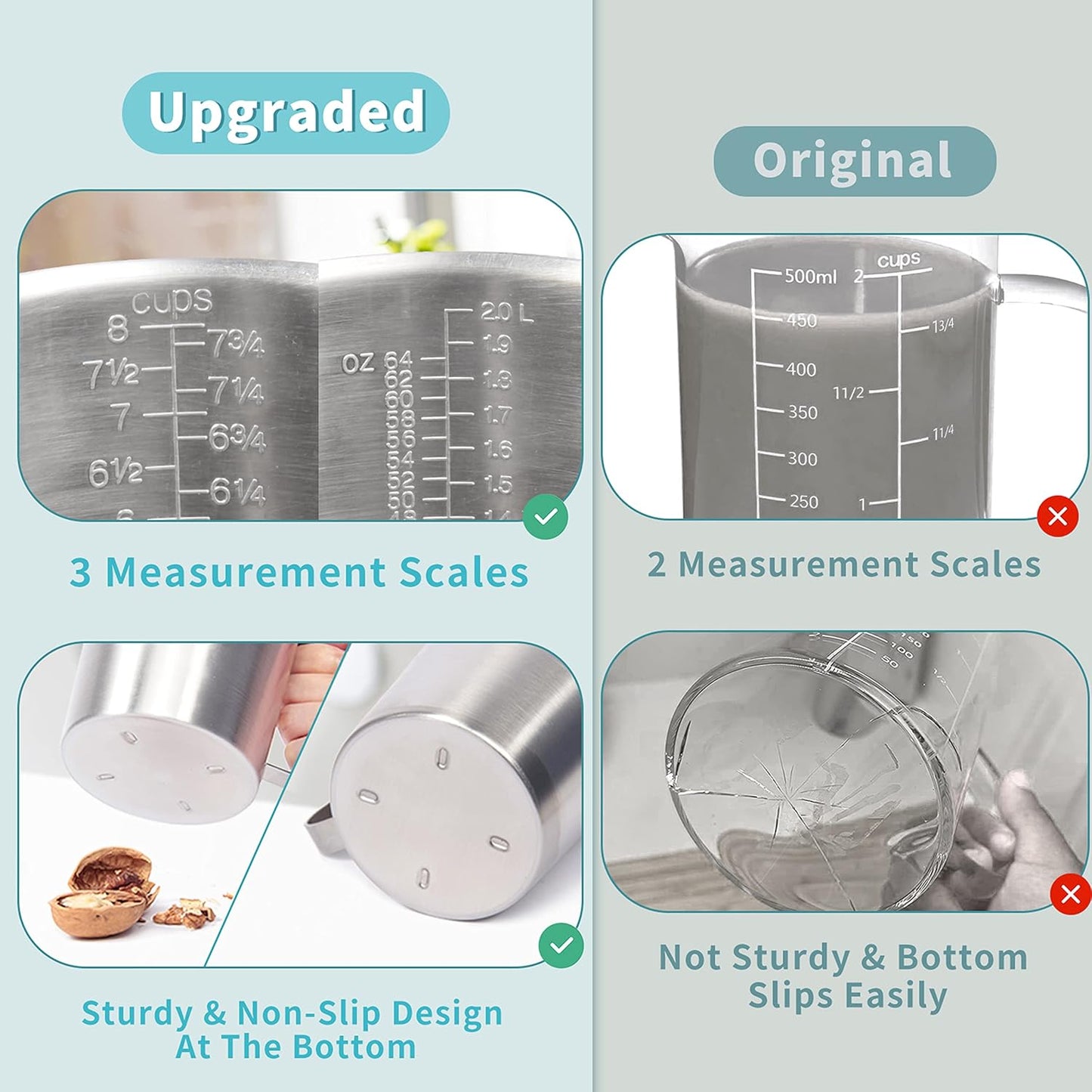 Newness Stainless Steel Measuring Cup, Metal Measuring Cup with Handle (Upgraded, 3 Marking Including Cup/ML/Ounce Scale), 16 Ounces (0.5 Liter, 2 Cup)