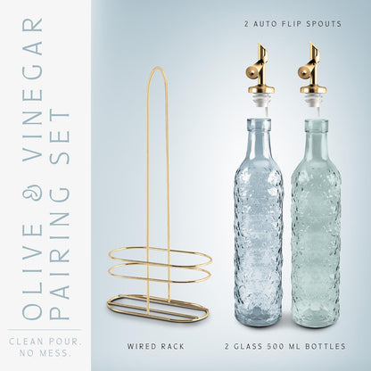COOK WITH COLOR Glass Olive Oil Bottle Dispenser - 2 Pack- 17oz Oil and Vinegar Cruet - Olive Oil Carafe Decanter for Kitchen, Elegant Waves, Clear