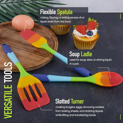 9-Piece Rainbow Silicone Spatula Set with Tongs – Multicolor Heat-Resistant Cooking Utensils for Nonstick Cookware – Flexible Turner, Spoon, Spatula, Brush, FDA Safe
