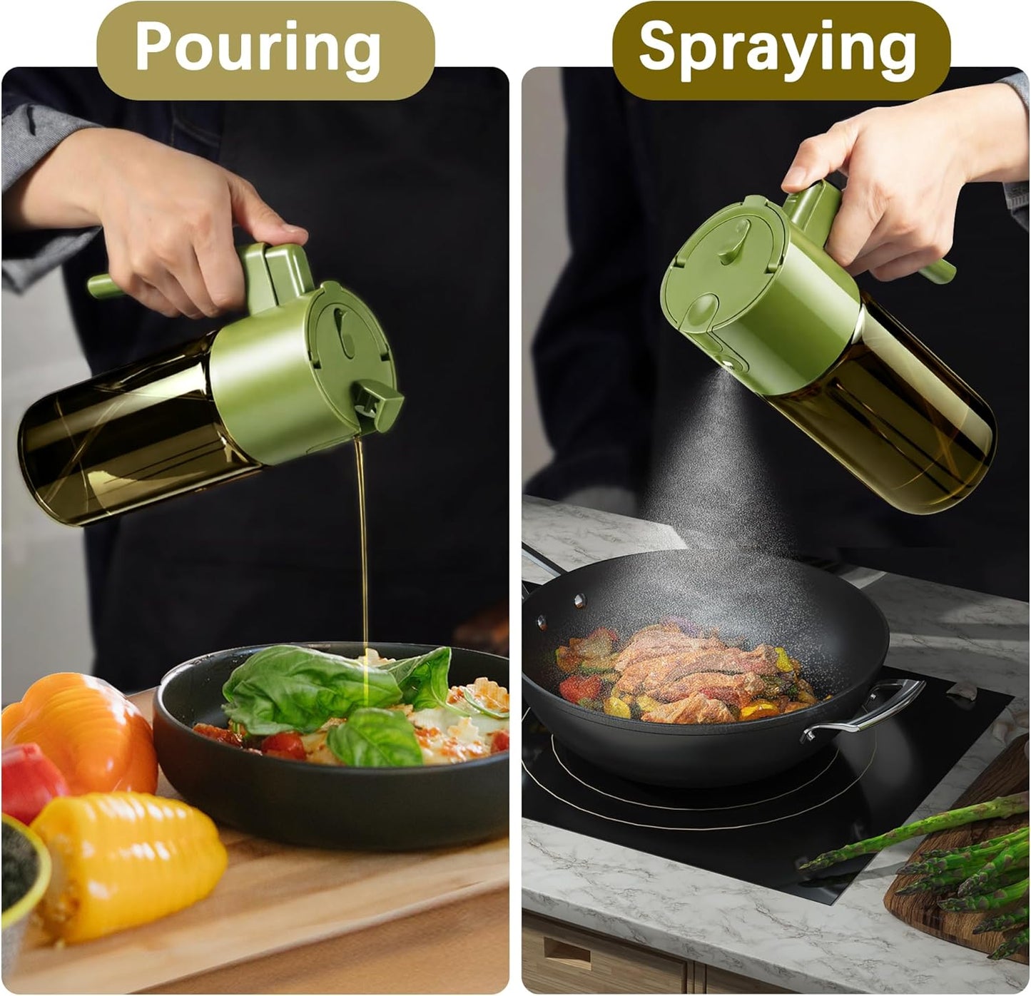 Glass 2 In 1 Olive Oil Dispenser Bottle for Kitchen Gadgets, Olive Oil Sprayer for Cooking 17oz/500ml (Light Blockage, Green)