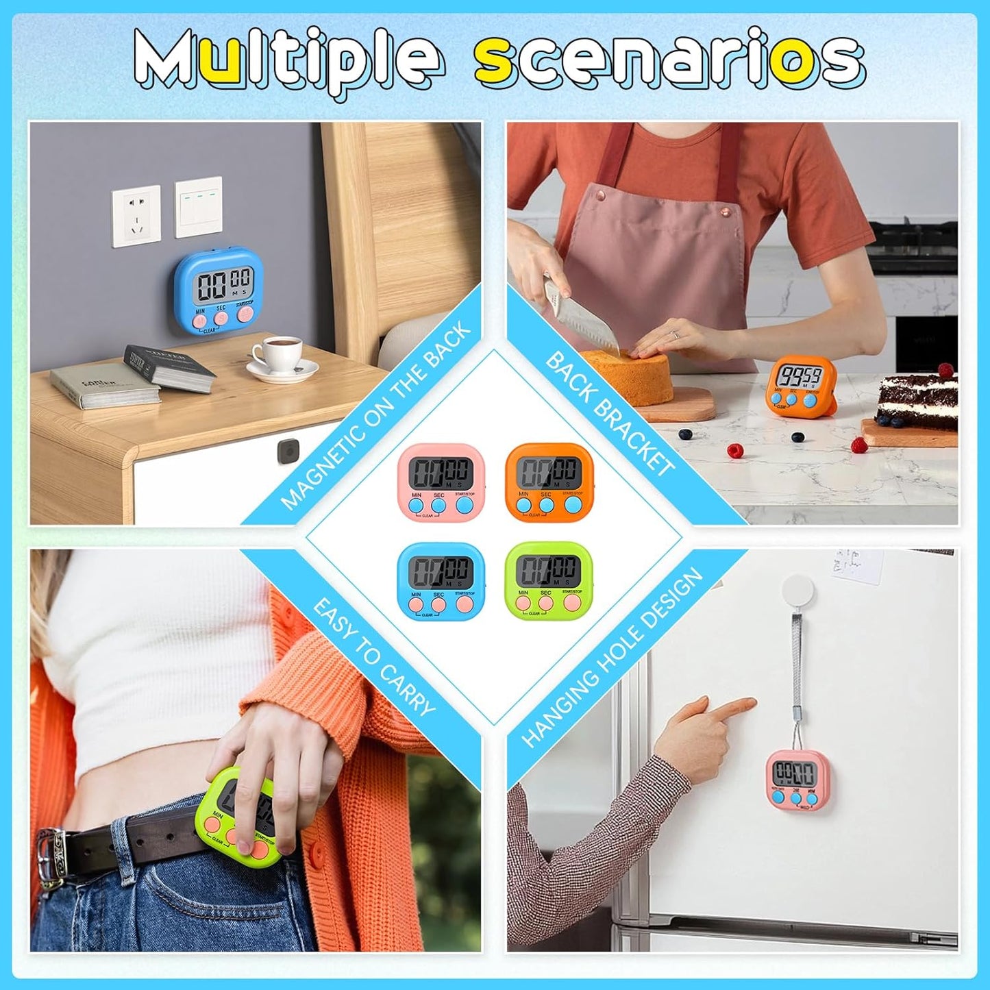 Mwellewm Kitchen Timer 6 Packs Digital Timers for Classroom Small Magnetic Countdown Stopwatch for Cooking Mini Loud Alarm Stop for Kitchen Study Work Baking Sports Games Timer Clock