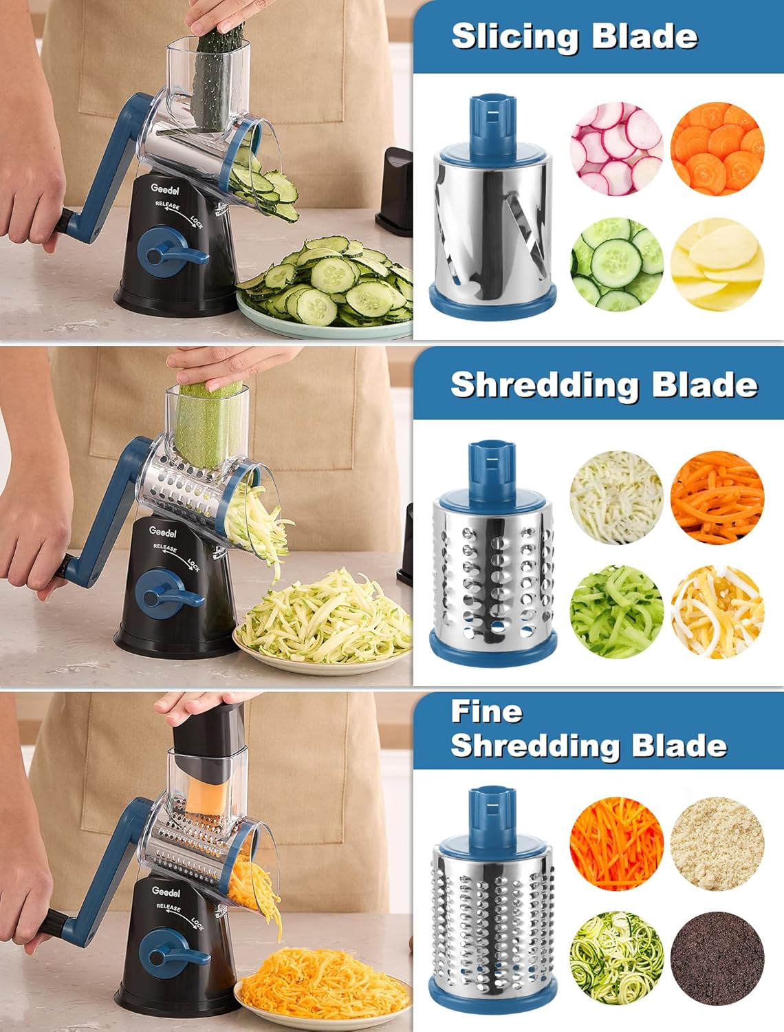 Geedel Rotary Cheese Grater, Kitchen Mandoline Vegetable Slicer with 3 Interchangeable Blades, Easy to Clean Grater for Fruit, Vegetables, Nuts