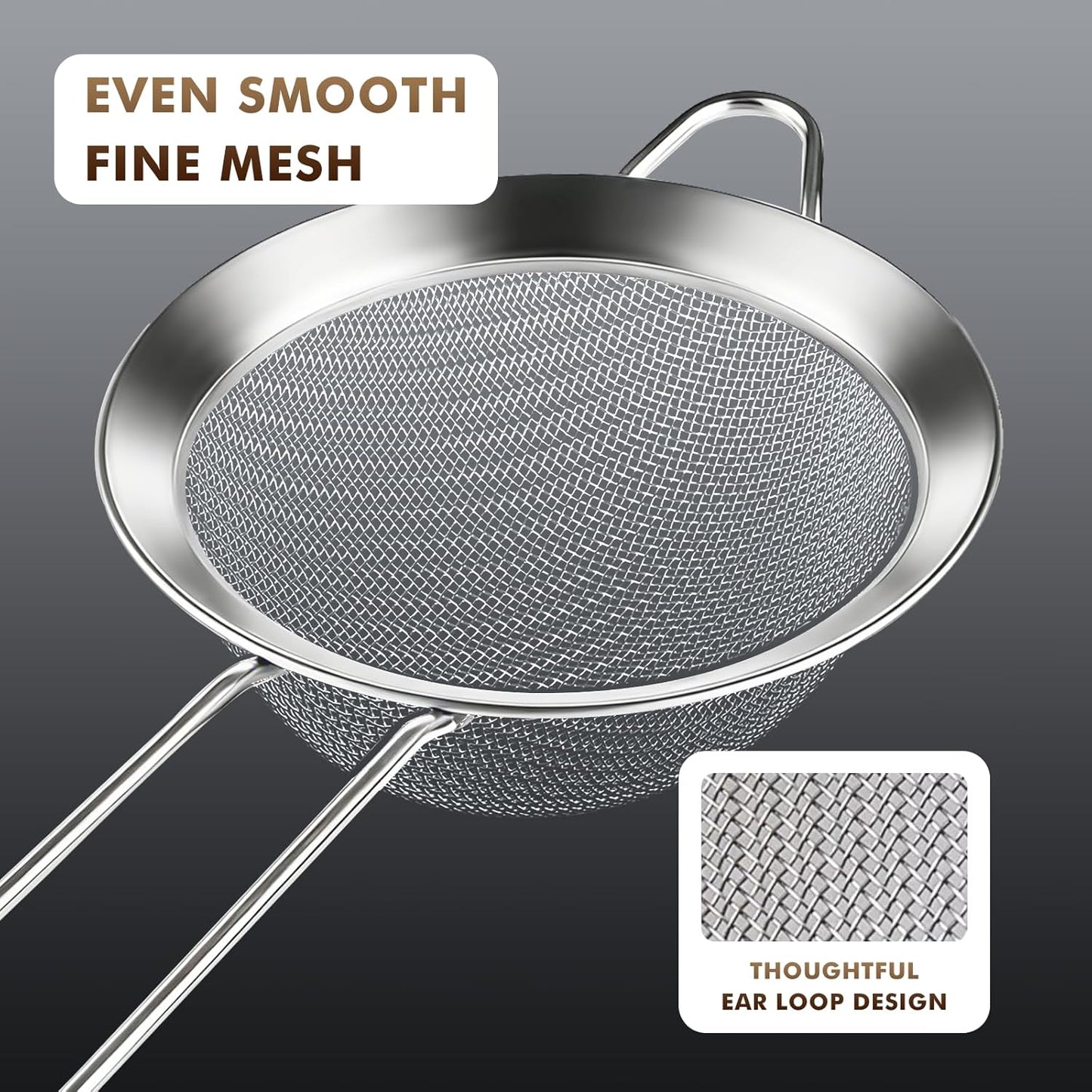 NileHome 3 Piece Mesh Strainers, Stainless Steel Strainer for Sifting, Straining, Cooking Kitchen Strainers Fine Mesh for Flour, Pasta, Loose Tea, Fruit, and Rice, Silver