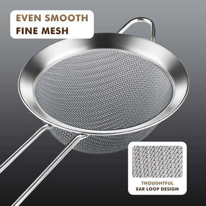 NileHome 3 Piece Mesh Strainers, Stainless Steel Strainer for Sifting, Straining, Cooking Kitchen Strainers Fine Mesh for Flour, Pasta, Loose Tea, Fruit, and Rice, Silver