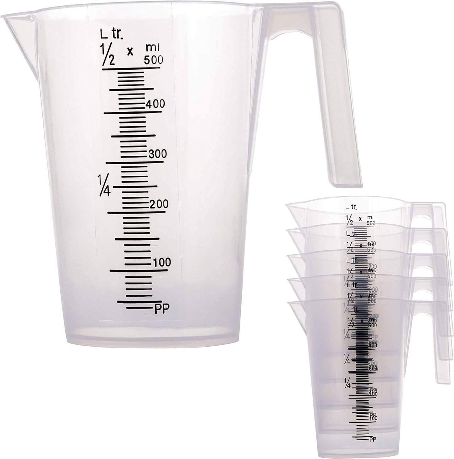 TCP Global 5 Piece Set of Plastic Graduated Measuring and Mixing Pitchers - 500, 1000 Quart, 2000, 3000, 5000 ml Gallon Sizes - Pouring Cups, Measure & Mix Paint, Resin, Epoxy, Kitchen Cooking Baking