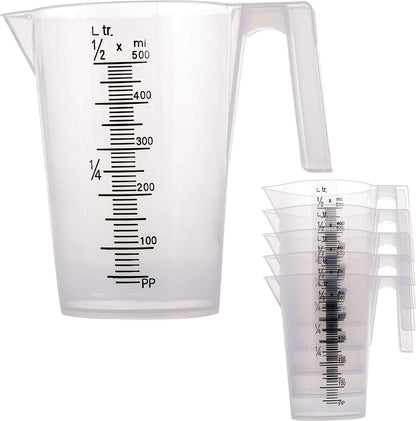 TCP Global 5 Piece Set of Plastic Graduated Measuring and Mixing Pitchers - 500, 1000 Quart, 2000, 3000, 5000 ml Gallon Sizes - Pouring Cups, Measure & Mix Paint, Resin, Epoxy, Kitchen Cooking Baking