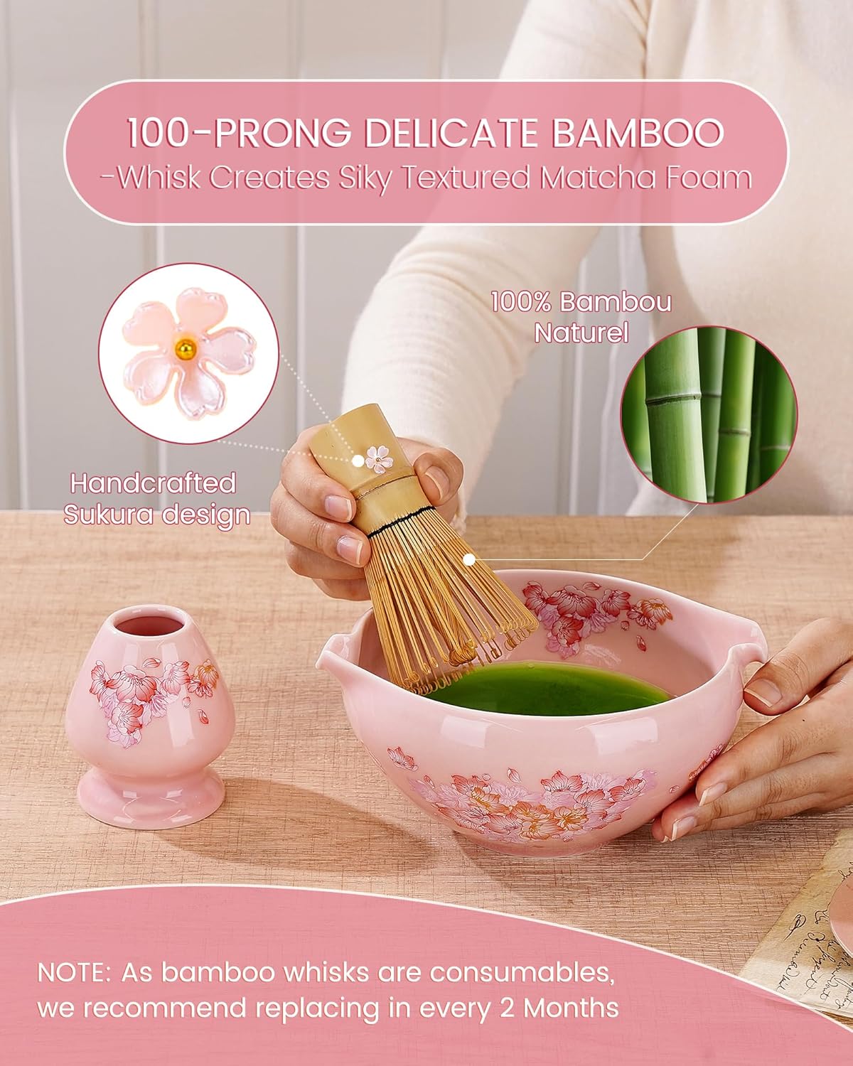 Matcha Whisk Set, 6pcs Matcha Kit Includes Large Matcha Bowl, Bamboo Whisk & Scoop with Cute Charm, Chasen Holder, Innovative Sifter, Tea Mat for Japanese Tea Ceremony-Floral Pattern