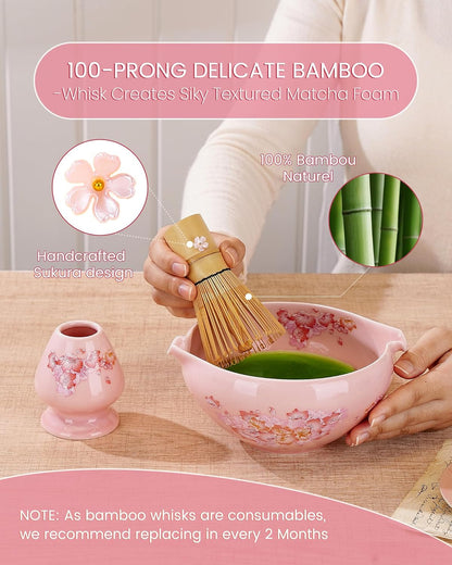 Matcha Whisk Set, 6pcs Matcha Kit Includes Large Matcha Bowl, Bamboo Whisk & Scoop with Cute Charm, Chasen Holder, Innovative Sifter, Tea Mat for Japanese Tea Ceremony-Floral Pattern