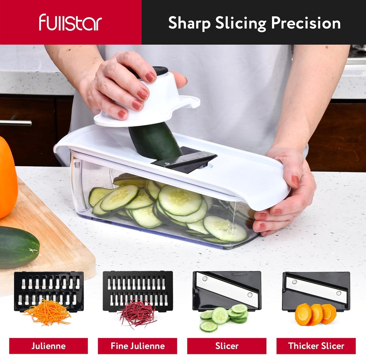 Fullstar Mandoline Slicer for Kitchen - Vegetable Chopper, Onion Potato Food Veggie Fruit Slicer and Cutter with Container, Kitchen Gadgets & Gifts, Home Essentials (6-in-1, White/Black)