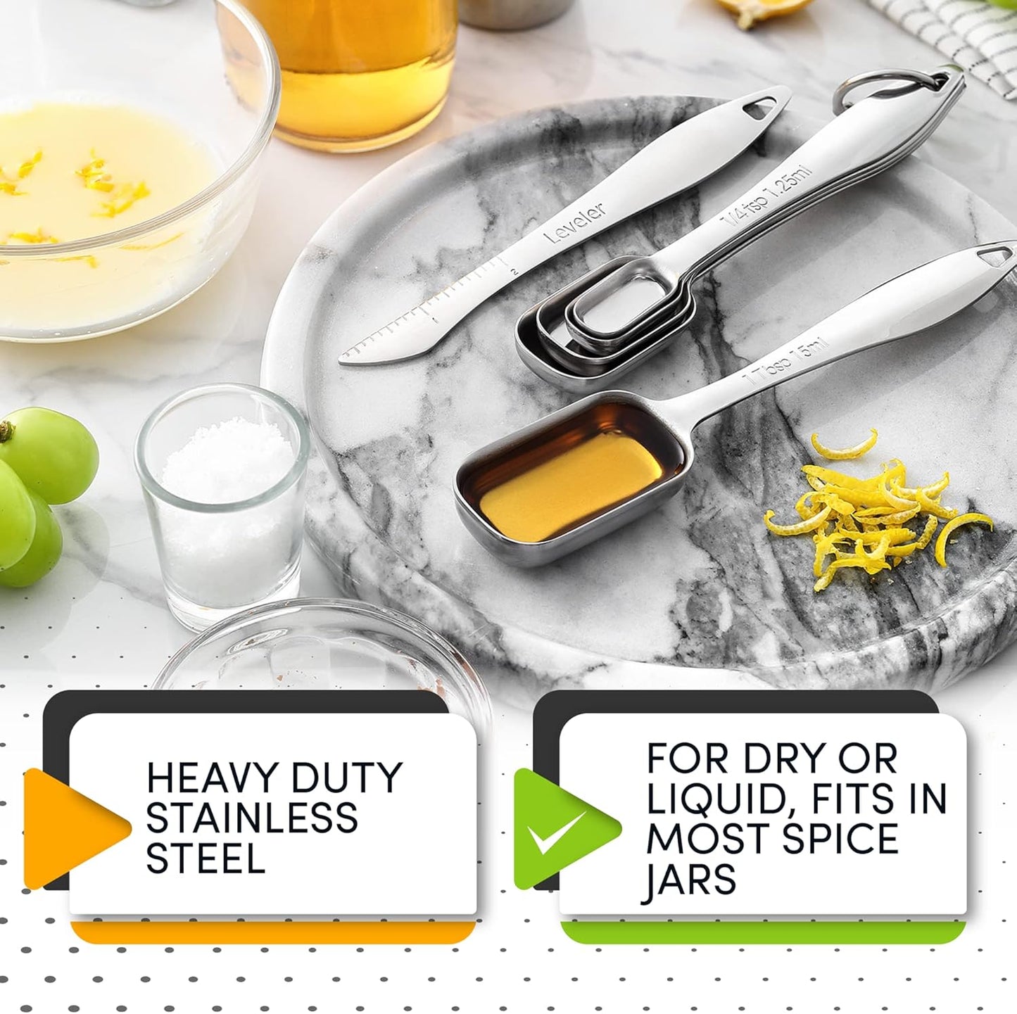 Spring Chef Stainless Steel Measuring Spoons Set of 7 with Leveler, Rectangular Metal Teaspoon & Tablespoon Measuring Spoons for Dry & Liquid Ingredients - Nesting Kitchen Gadgets For Baking & Cooking