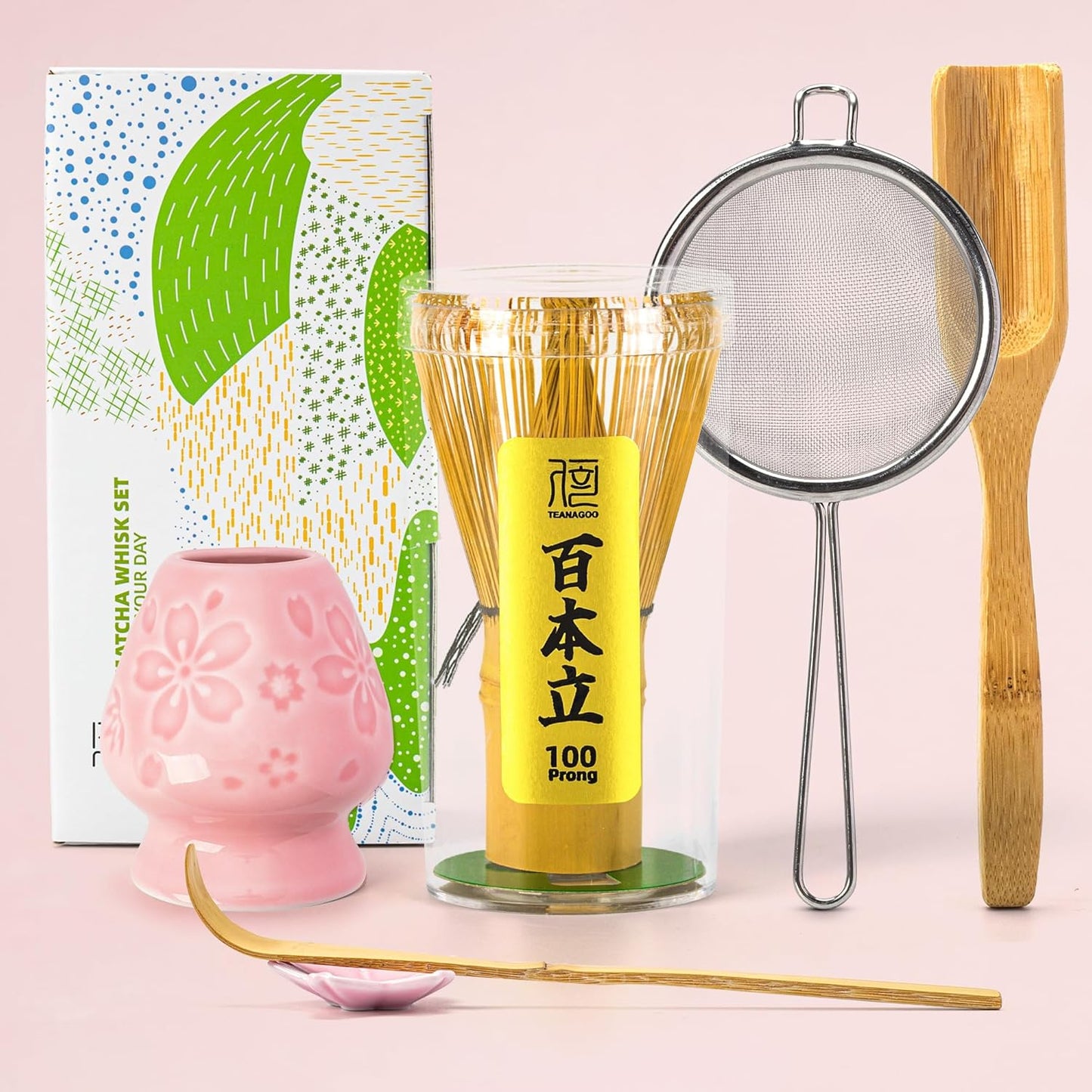 TEANAGOO Matcha Whisk Set,Bamboo Matcha Whisk (100 prongs) with Black Holder,6-PCS Traditional Starter Set,Scoop (Chashaku),Bamboo Chasen for Making Latte,Ceremony Accessory,Gife for Friend/Family