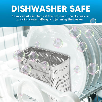 HOME&I Silverware Drying Basket for Dish Rack, SUS 304 Stainless Steel Hanging Utensil Holder with Wide Stable Hooks, 2-Compartment Cutlery Caddy for Kitchen Sink & Counterto