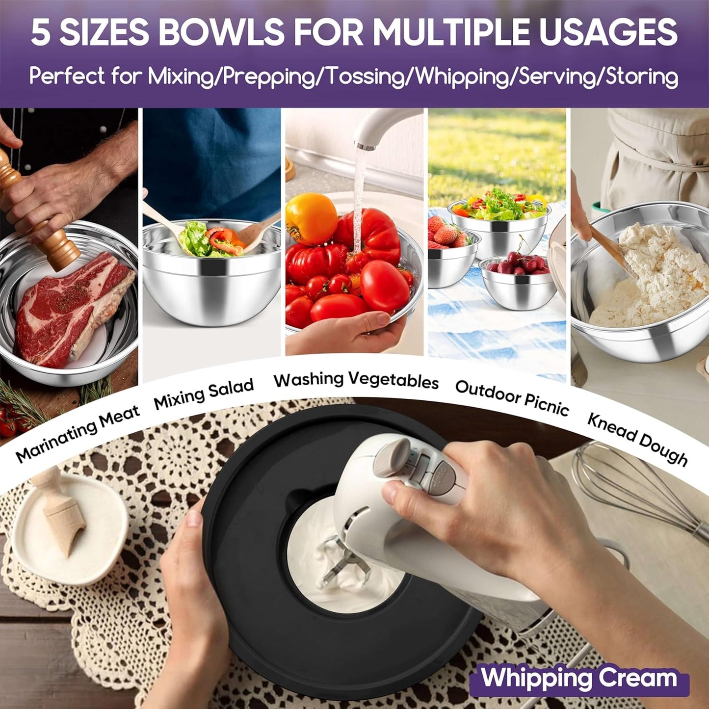 Herogo 5-Piece Mixing Bowls with Airtight Clear Lids, 3 Grater Attachments, Stainless Steel Salad Bowls for Kitchen, Size 4.6, 3.5, 2.5, 2, 1.5QT Ideal for Baking, Prepping and Serving, Khaki