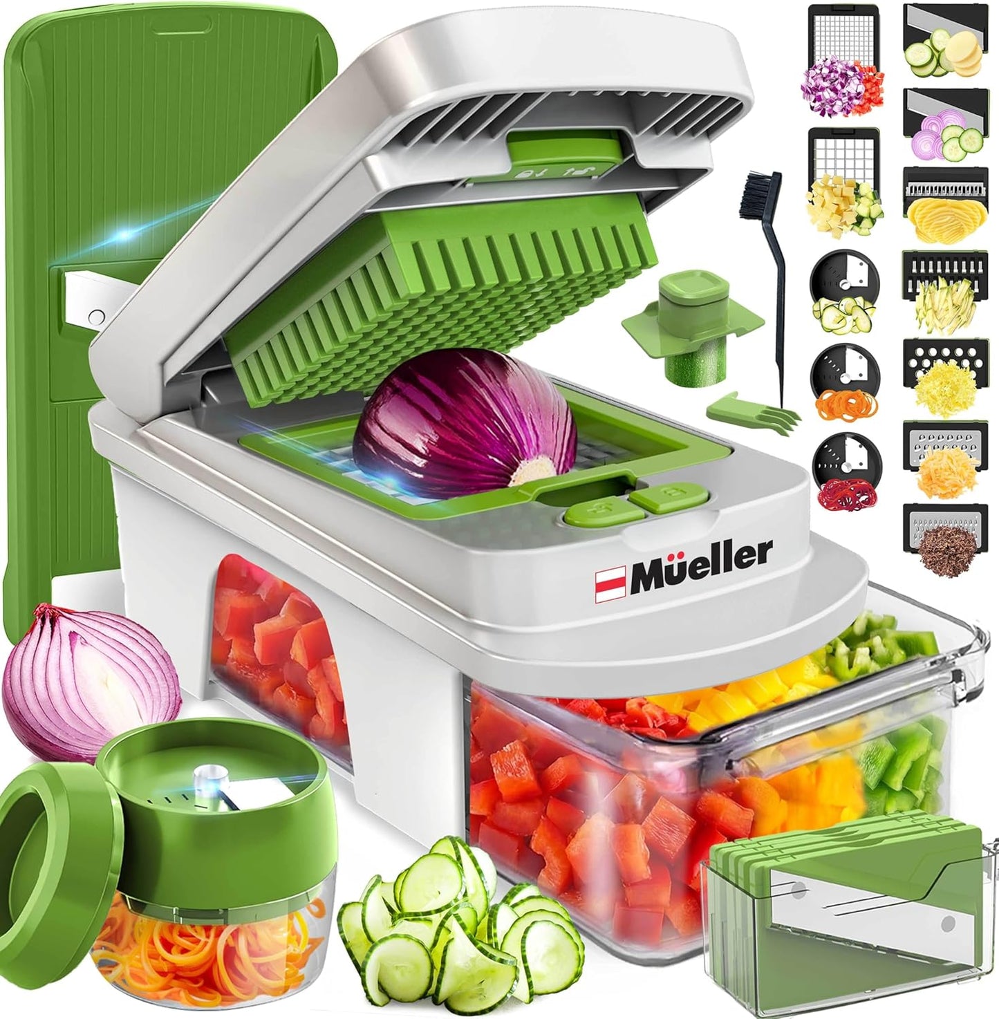 Mueller Pro-Series 10-in-1, 8 Blade Vegetable Chopper, Onion Mincer, Cutter, Dicer, Egg Slicer with Container, French Fry Cutter Potato Slicer, Home Essentials, Salad Chopper White Sand/Green